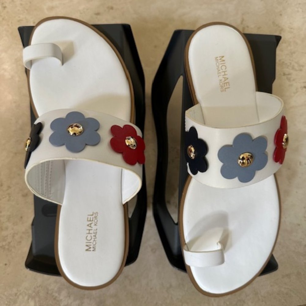 NWOB Michael Kors Sonya Flat Sandal Leather Red White Blue Womens Size 8 M